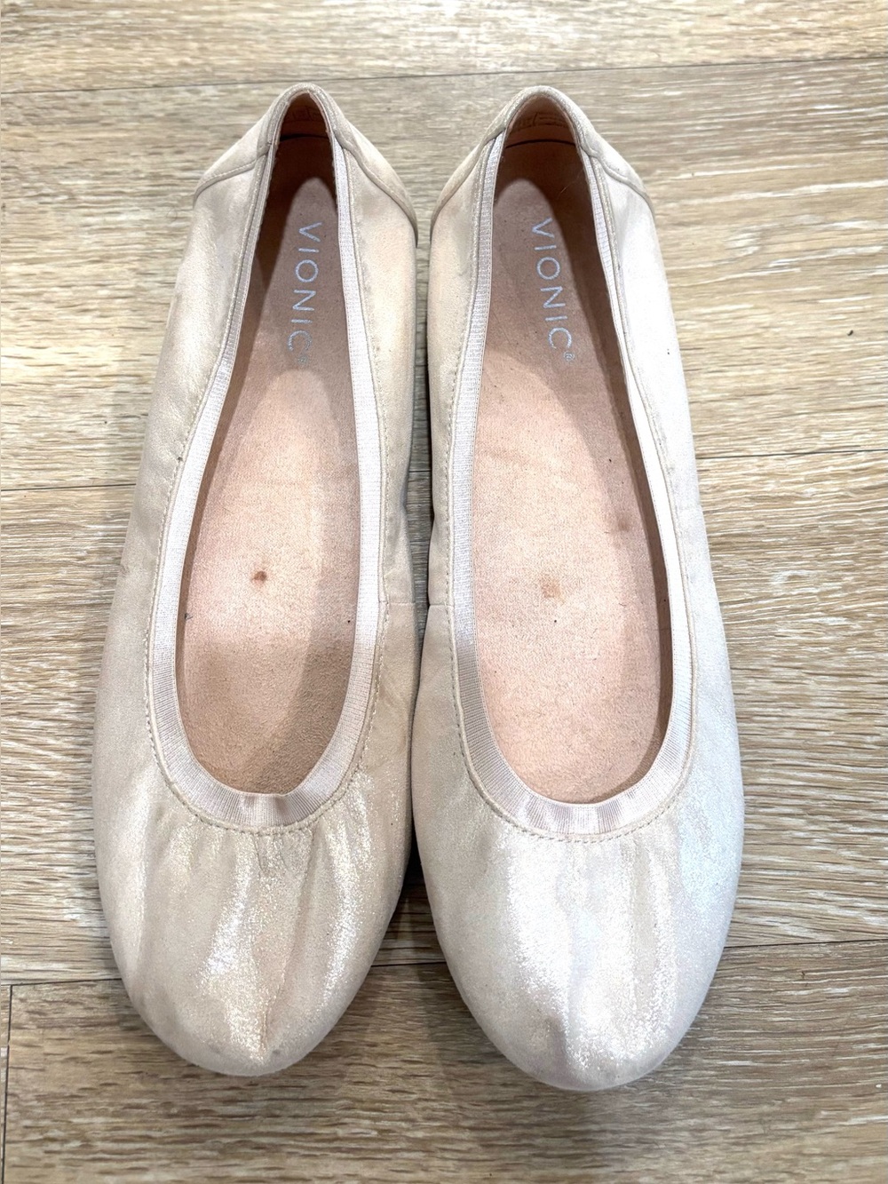 Vionic Champagne Gold Suede Anita Sz 11 Round Toe Ballet Flats Comfy Casual